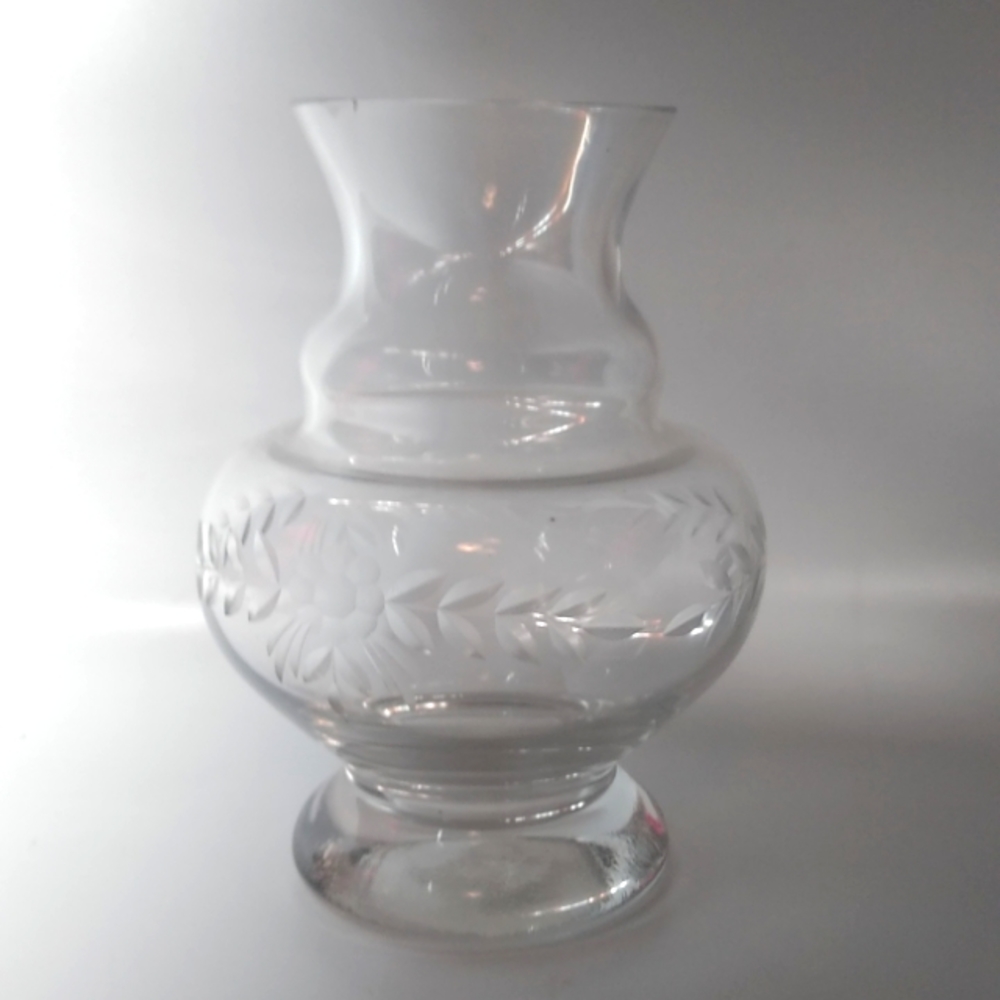 Vintage Princess House Clear Crystal Glass Etched Floral Vase 6" x 3"